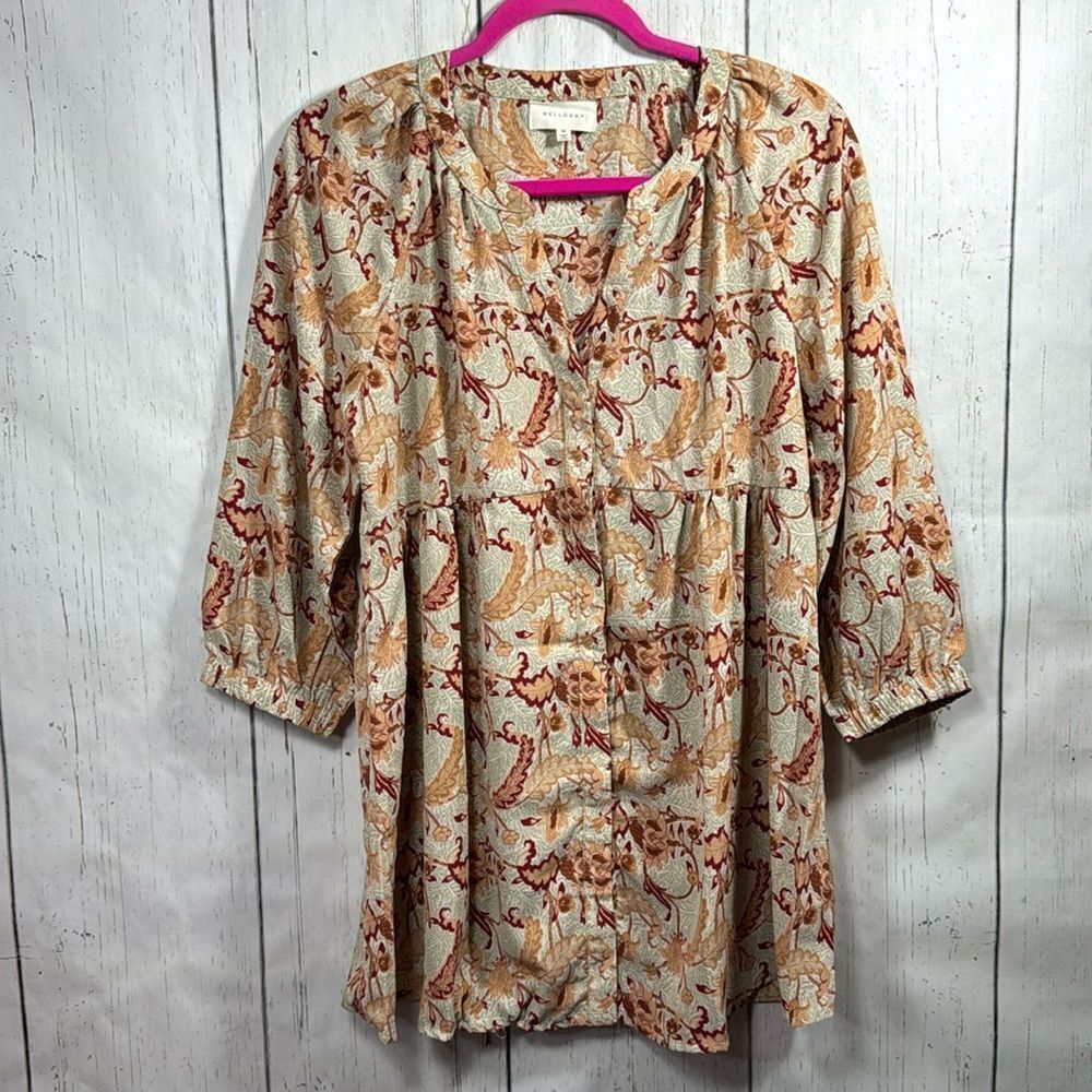 Melloday Anthropology Floral Romantic Botanical 3/4 Sleeve Fall Tunic Top Blouse